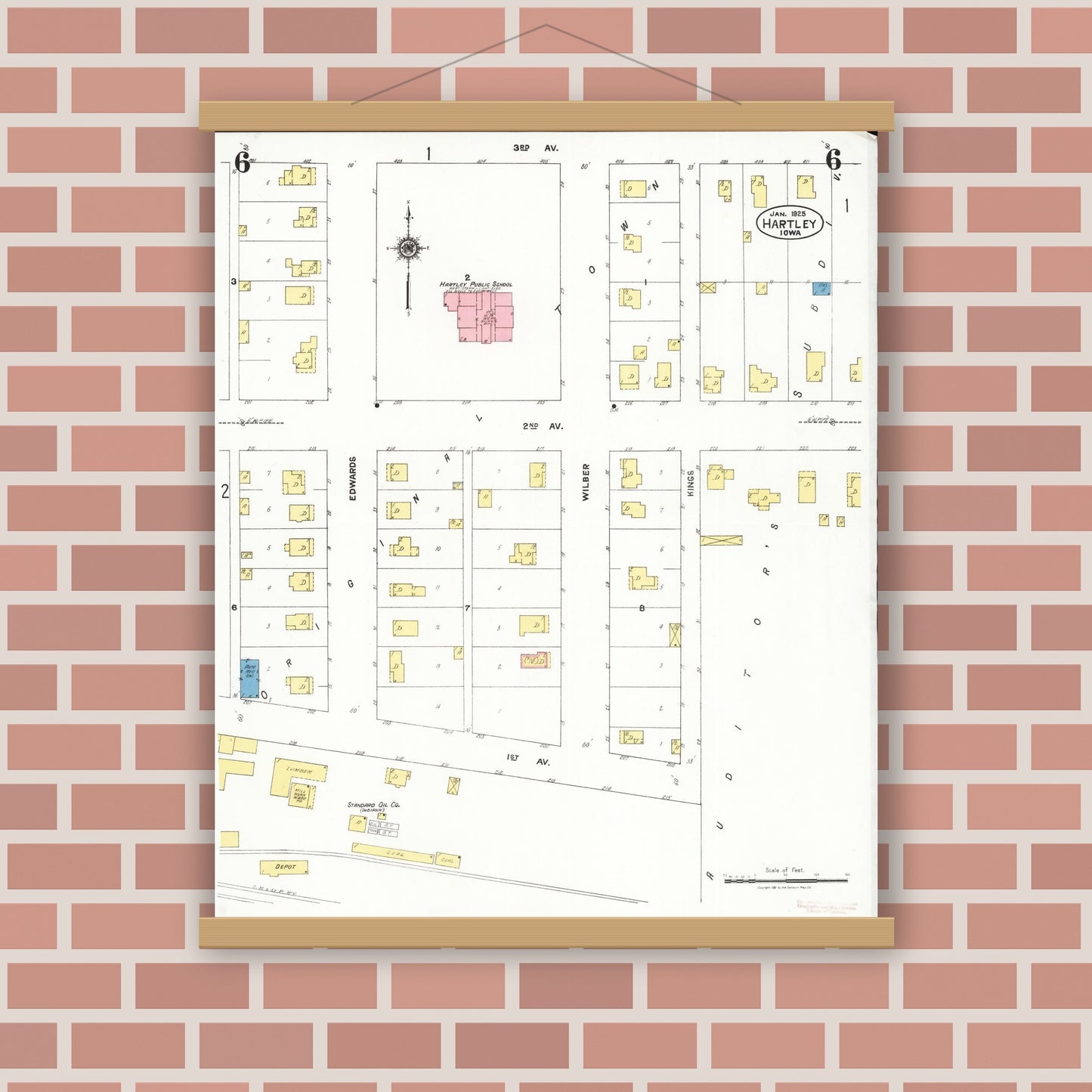 Old map wall art mockup — magnetic wood frame on brick wall — Sanborn Fire Insurance Map from Hartley, O'Brien County, Iowa (1925), Sheet #0006