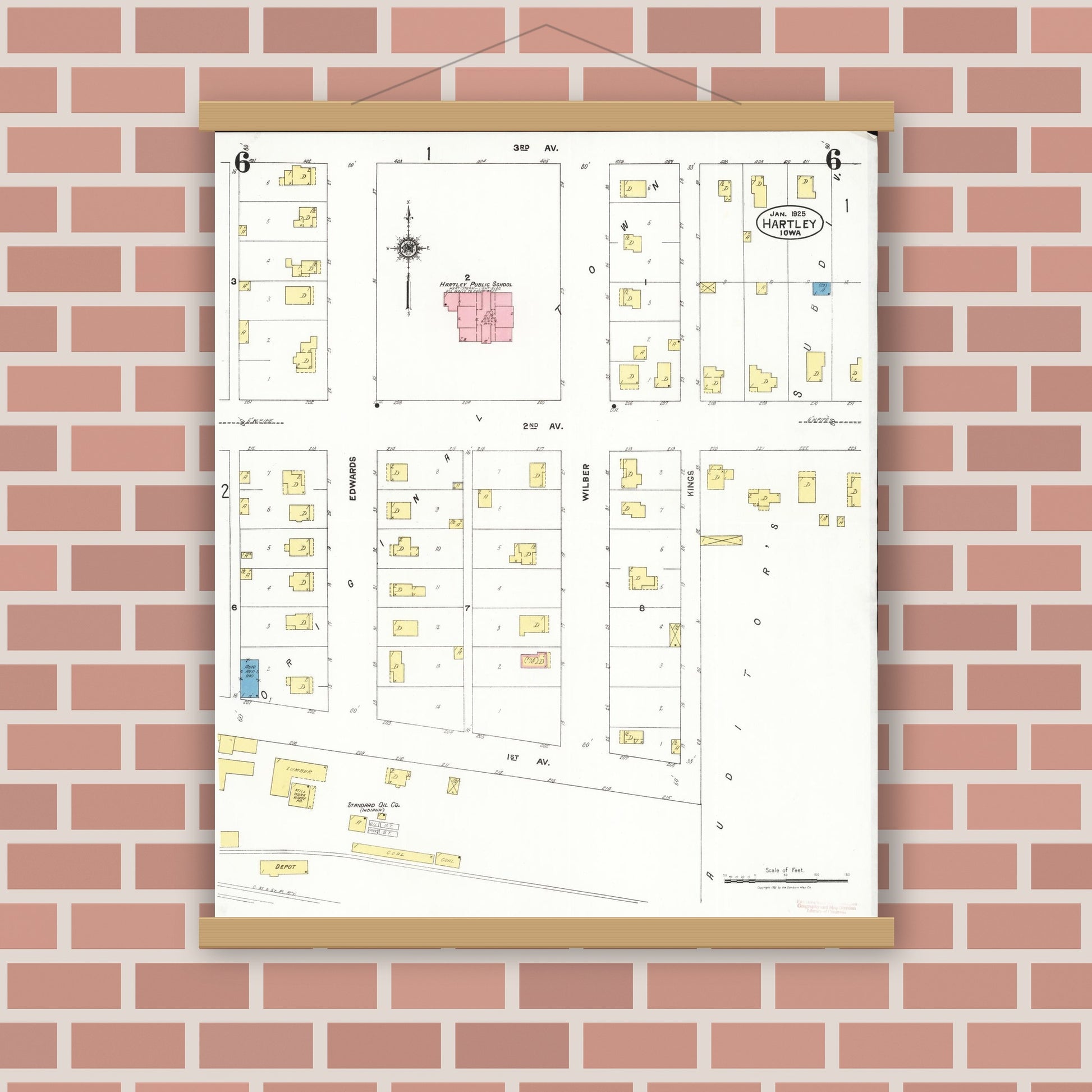 Old map wall art mockup — magnetic wood frame on brick wall — Sanborn Fire Insurance Map from Hartley, O'Brien County, Iowa (1925), Sheet #0006