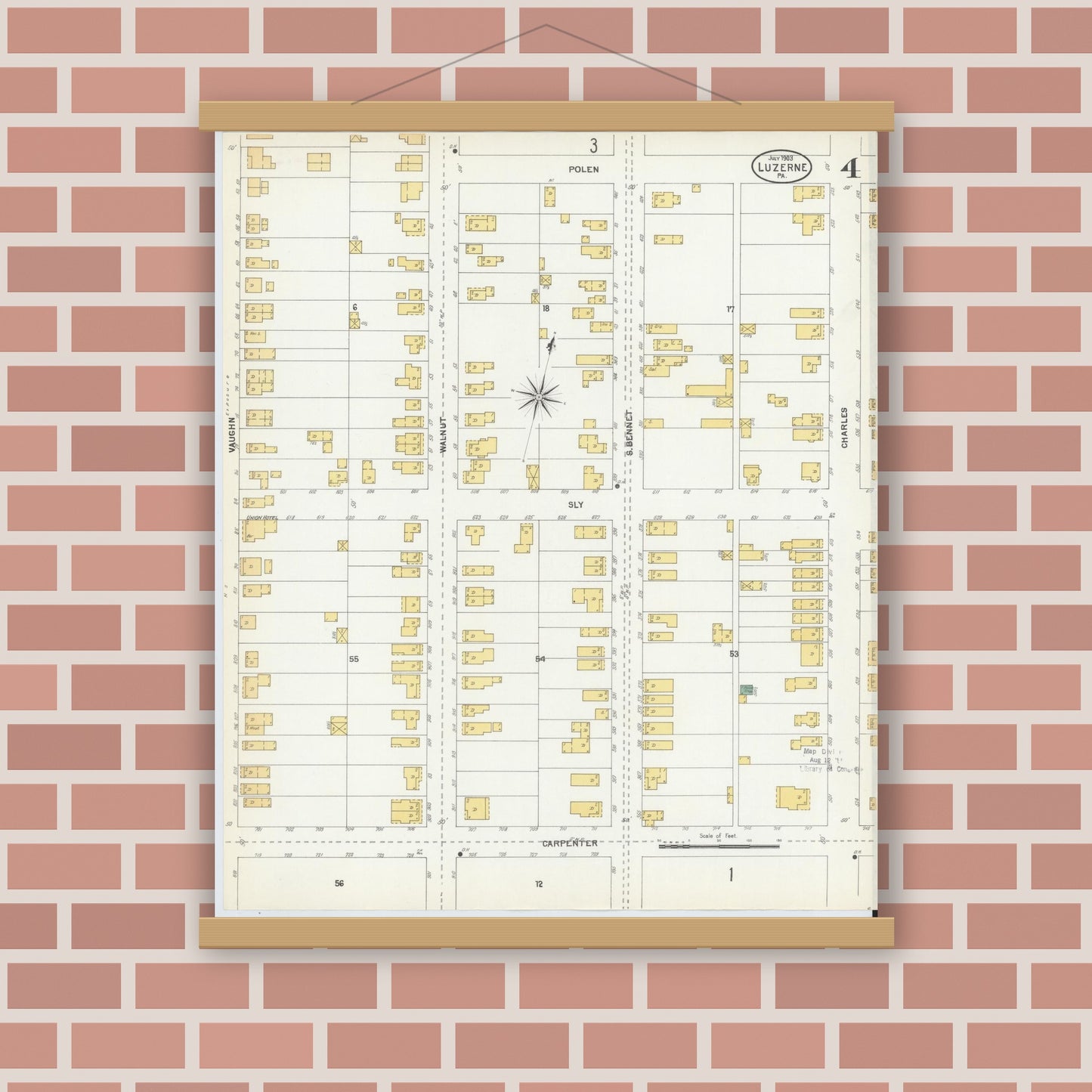 Old map wall art mockup — magnetic wood frame on brick wall — Sanborn Fire Insurance Map from Luzerne, Luzerne County, Pennsylvania (1903), Sheet #0004