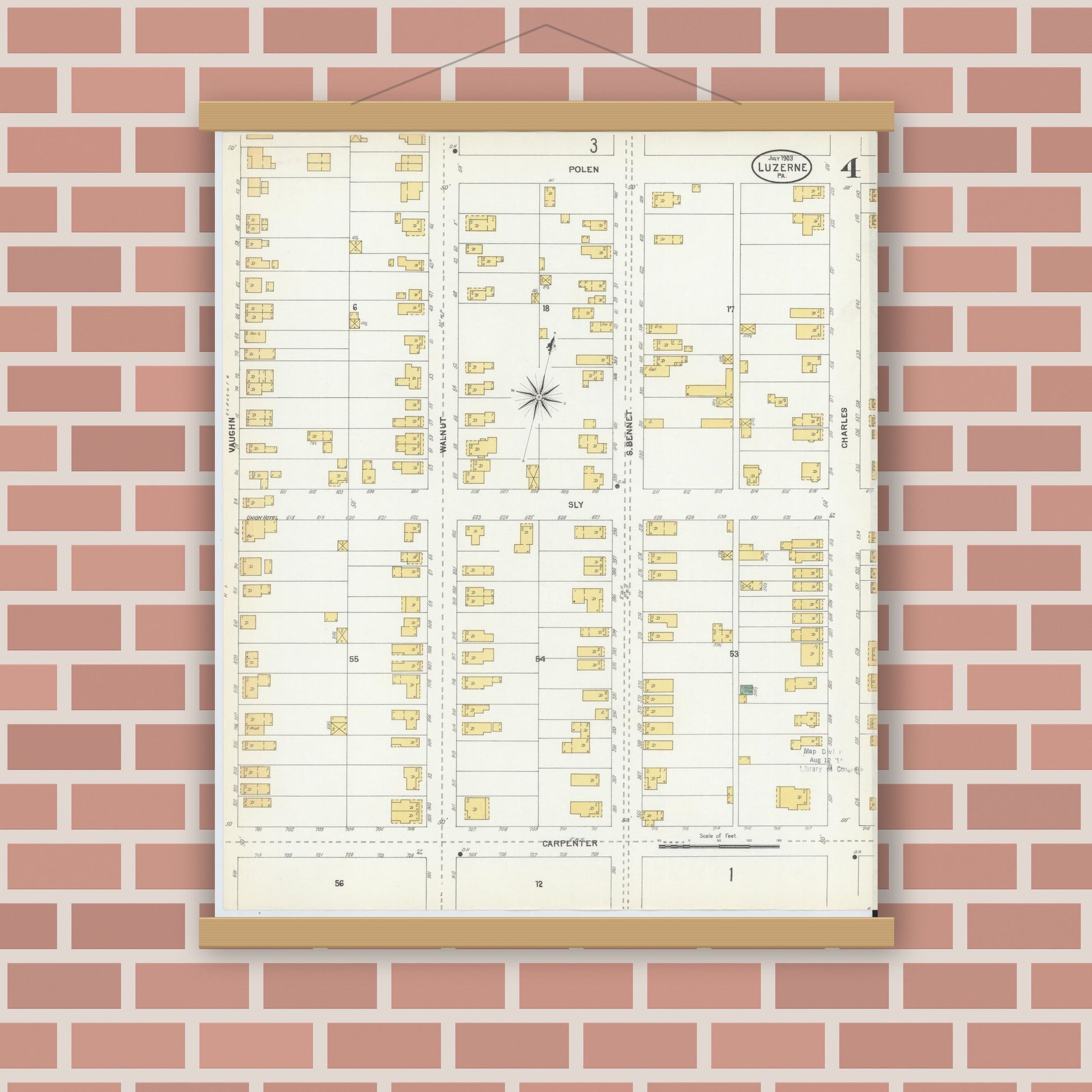 Old map wall art mockup — magnetic wood frame on brick wall — Sanborn Fire Insurance Map from Luzerne, Luzerne County, Pennsylvania (1903), Sheet #0004