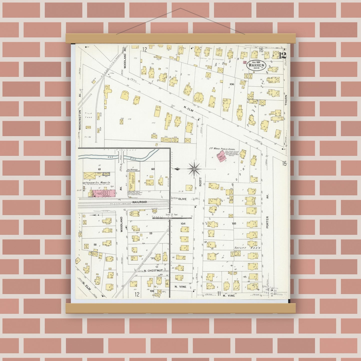 Old map wall art mockup — magnetic wood frame on brick wall — Sanborn Fire Insurance Map from Warren, Trumbull County, Ohio (1908), Sheet #0012