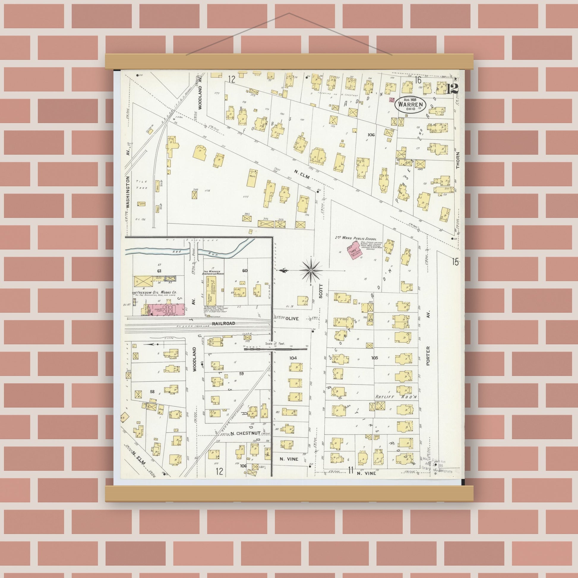 Old map wall art mockup — magnetic wood frame on brick wall — Sanborn Fire Insurance Map from Warren, Trumbull County, Ohio (1908), Sheet #0012