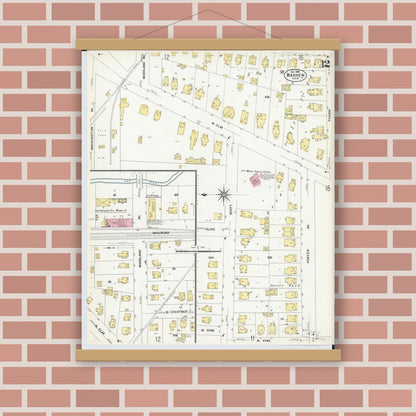 Old map wall art mockup — magnetic wood frame on brick wall — Sanborn Fire Insurance Map from Warren, Trumbull County, Ohio (1908), Sheet #0012