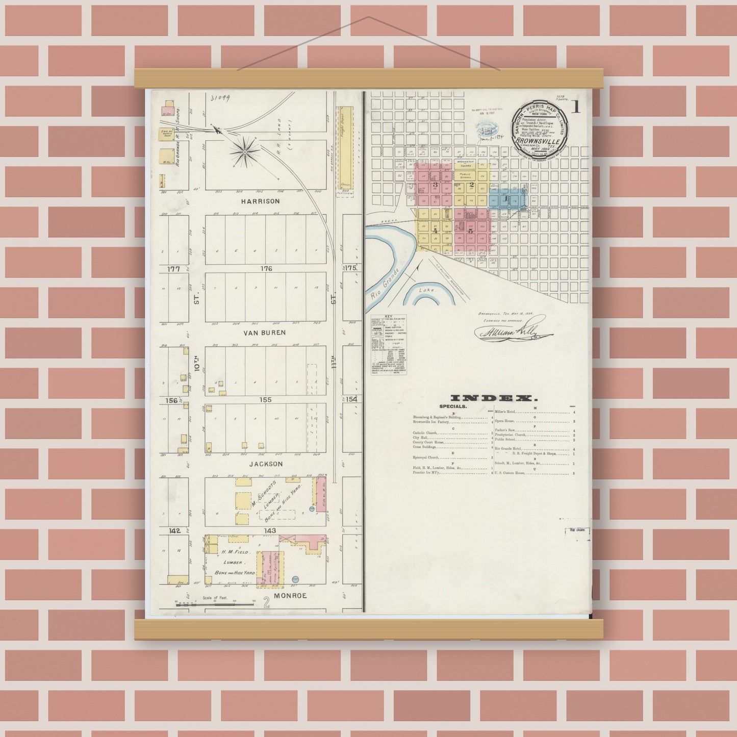 Old map wall art mockup — magnetic wood frame on brick wall — Sanborn Fire Insurance Map from Brownsville, Cameron County, Texas (1894) - Complete Map Set