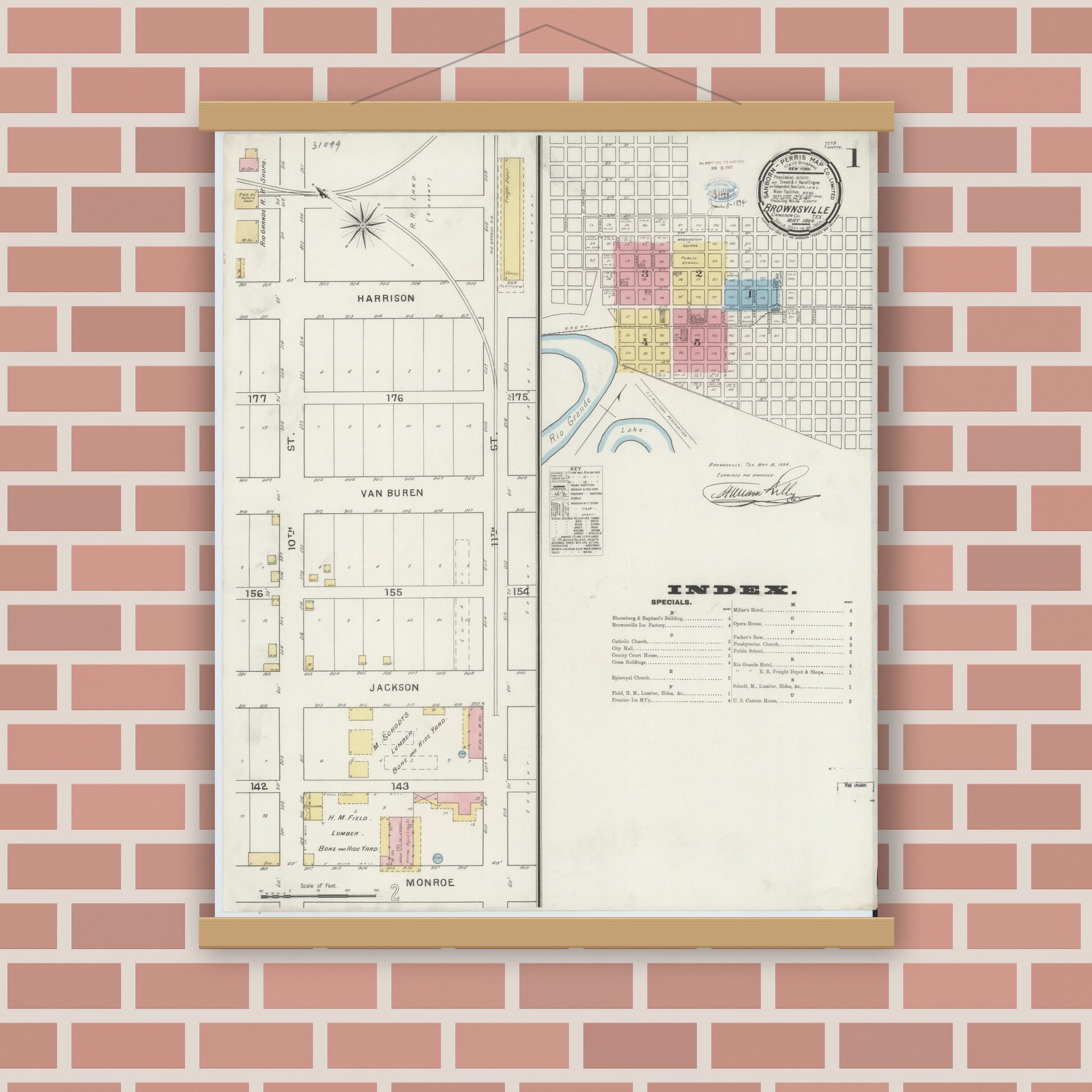 Old map wall art mockup — magnetic wood frame on brick wall — Sanborn Fire Insurance Map from Brownsville, Cameron County, Texas (1894) - Complete Map Set