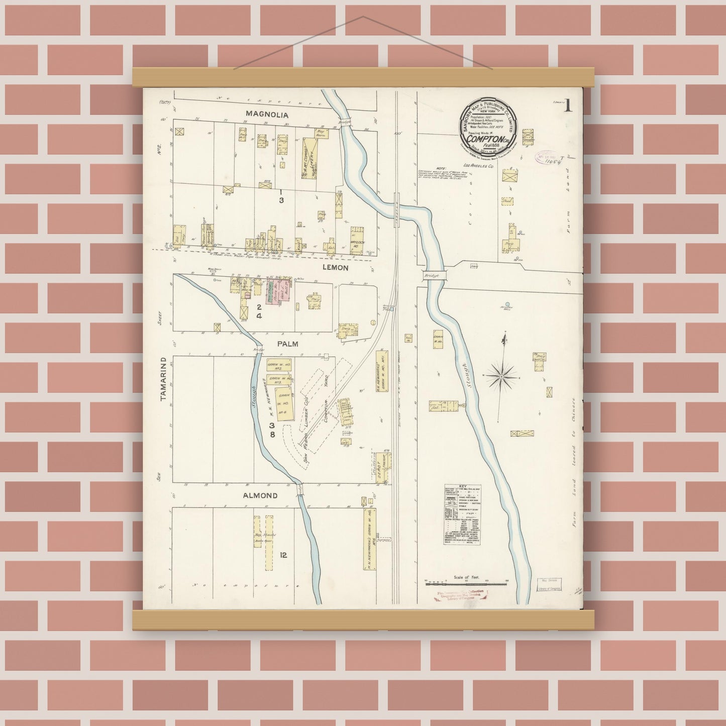 Old map wall art mockup — magnetic wood frame on brick wall — Sanborn Fire Insurance Map from Compton, Los Angeles County, California (1888), Sheet #0001