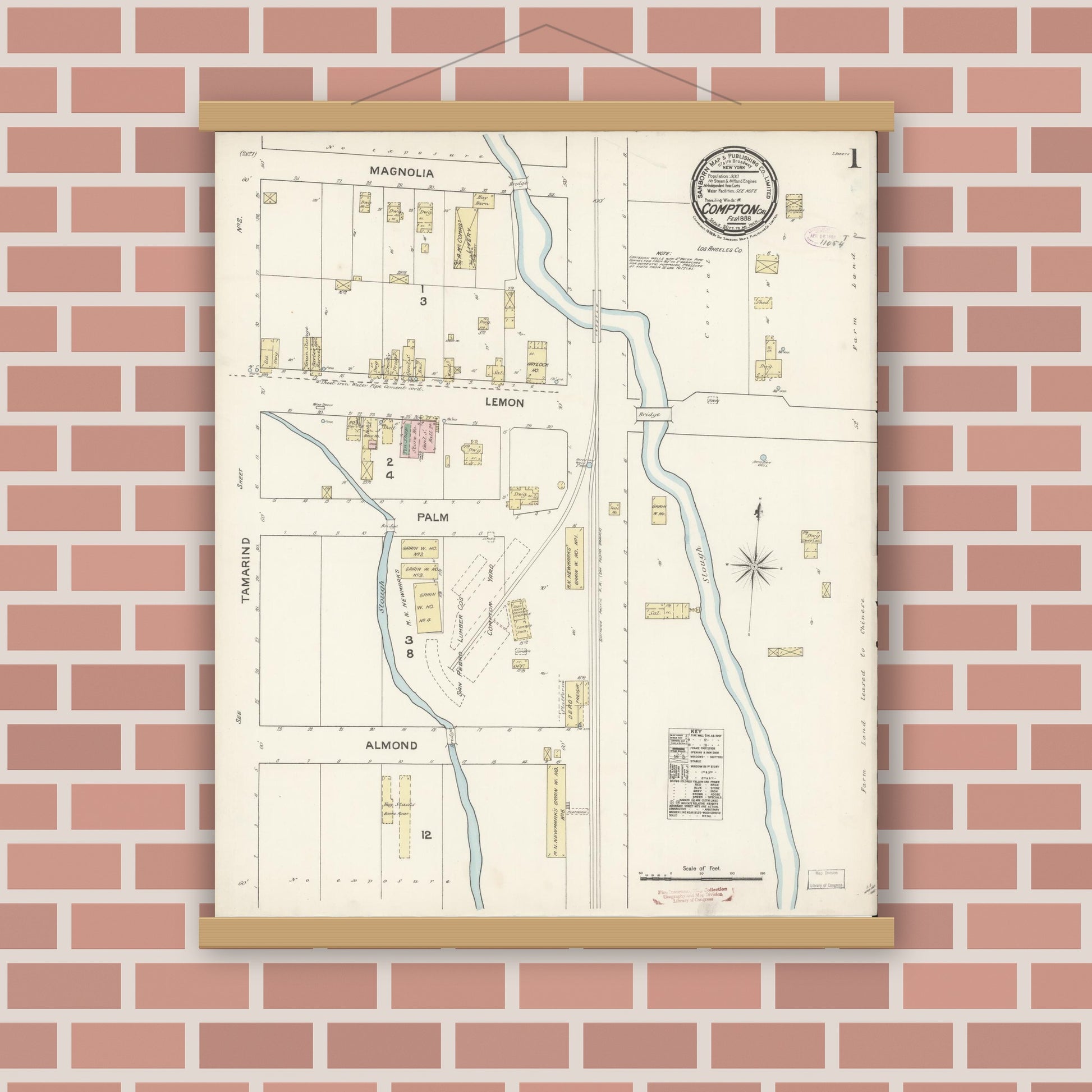 Old map wall art mockup — magnetic wood frame on brick wall — Sanborn Fire Insurance Map from Compton, Los Angeles County, California (1888), Sheet #0001