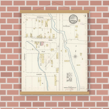 Old map wall art mockup — magnetic wood frame on brick wall — Sanborn Fire Insurance Map from Compton, Los Angeles County, California (1888), Sheet #0001