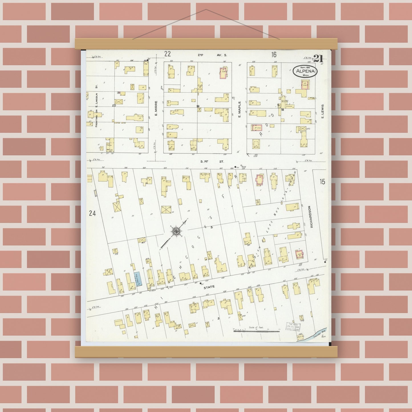 Old map wall art mockup — magnetic wood frame on brick wall — Sanborn Fire Insurance Map from Alpena, Alpena County, Michigan (1910), Sheet #0021