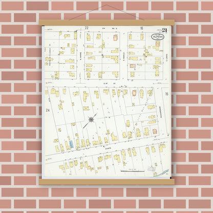 Old map wall art mockup — magnetic wood frame on brick wall — Sanborn Fire Insurance Map from Alpena, Alpena County, Michigan (1910), Sheet #0021