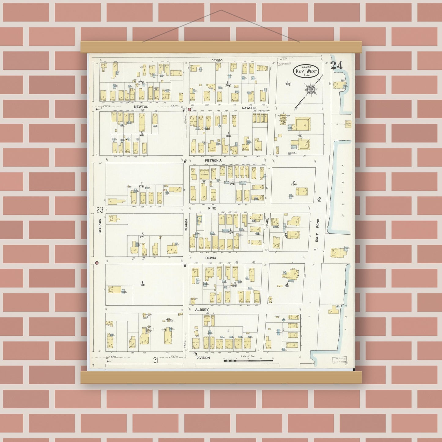 Old map wall art mockup — magnetic wood frame on brick wall — Sanborn Fire Insurance Map from Key West, Monroe County, Florida (1912), Sheet #0024