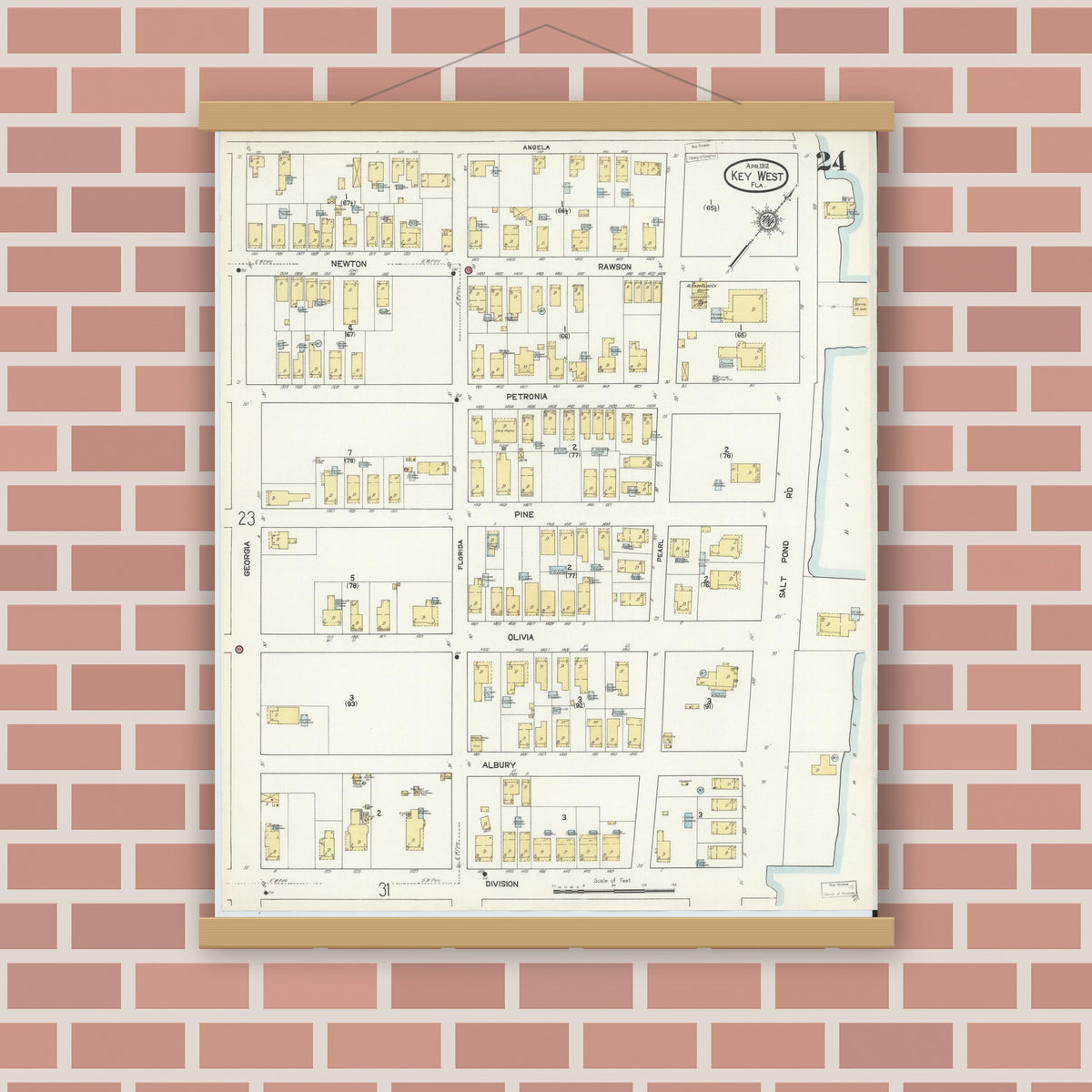 Old map wall art mockup — magnetic wood frame on brick wall — Sanborn Fire Insurance Map from Key West, Monroe County, Florida (1912), Sheet #0024