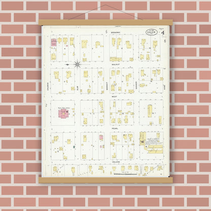 Old map wall art mockup — magnetic wood frame on brick wall — Sanborn Fire Insurance Map from Salem, Marion County, Illinois (1908), Sheet #0004