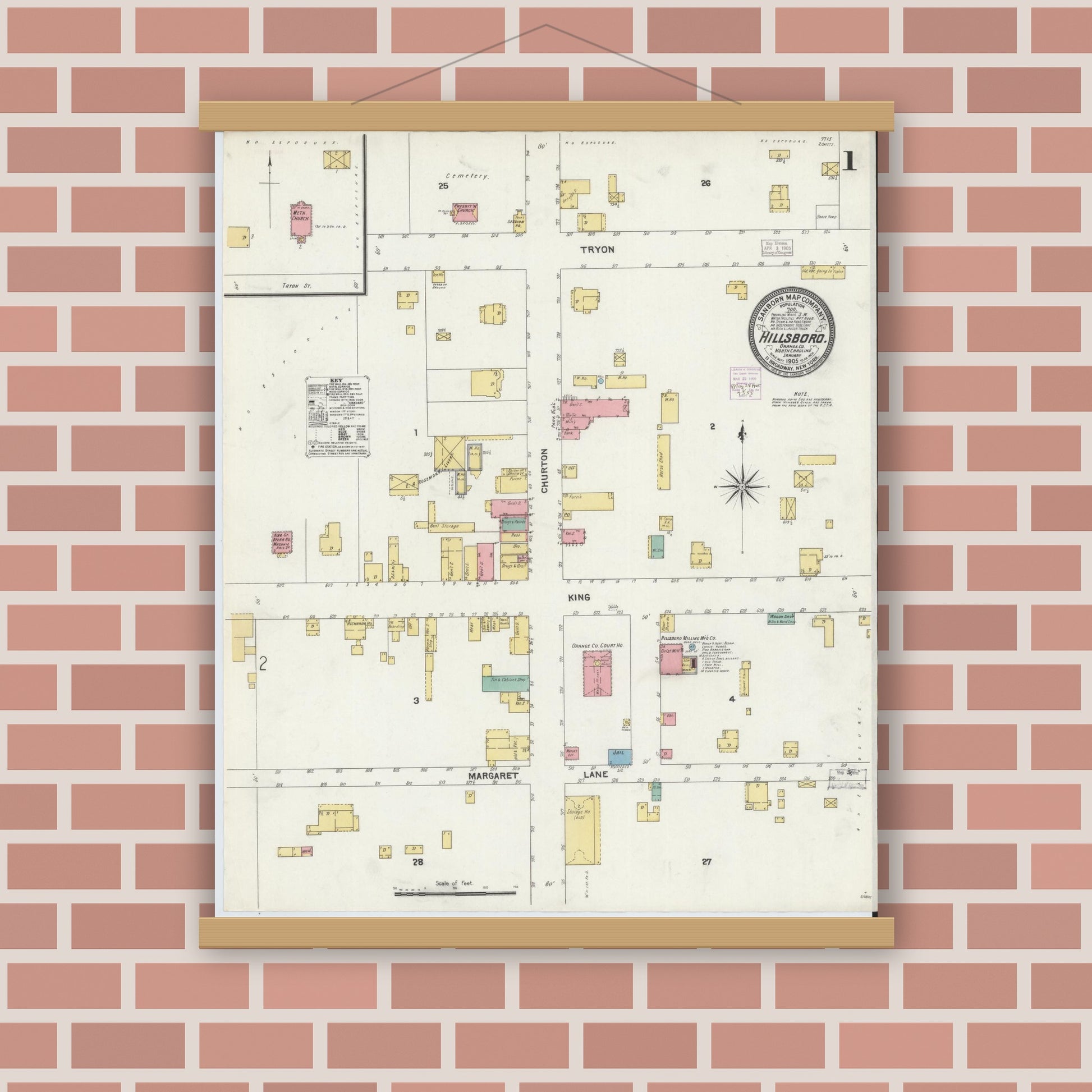 Old map wall art mockup — magnetic wood frame on brick wall — Sanborn Fire Insurance Map from Hillsboro, Orange County, North Carolina (1905), Sheet #0001