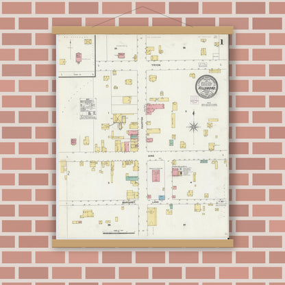 Old map wall art mockup — magnetic wood frame on brick wall — Sanborn Fire Insurance Map from Hillsboro, Orange County, North Carolina (1905), Sheet #0001