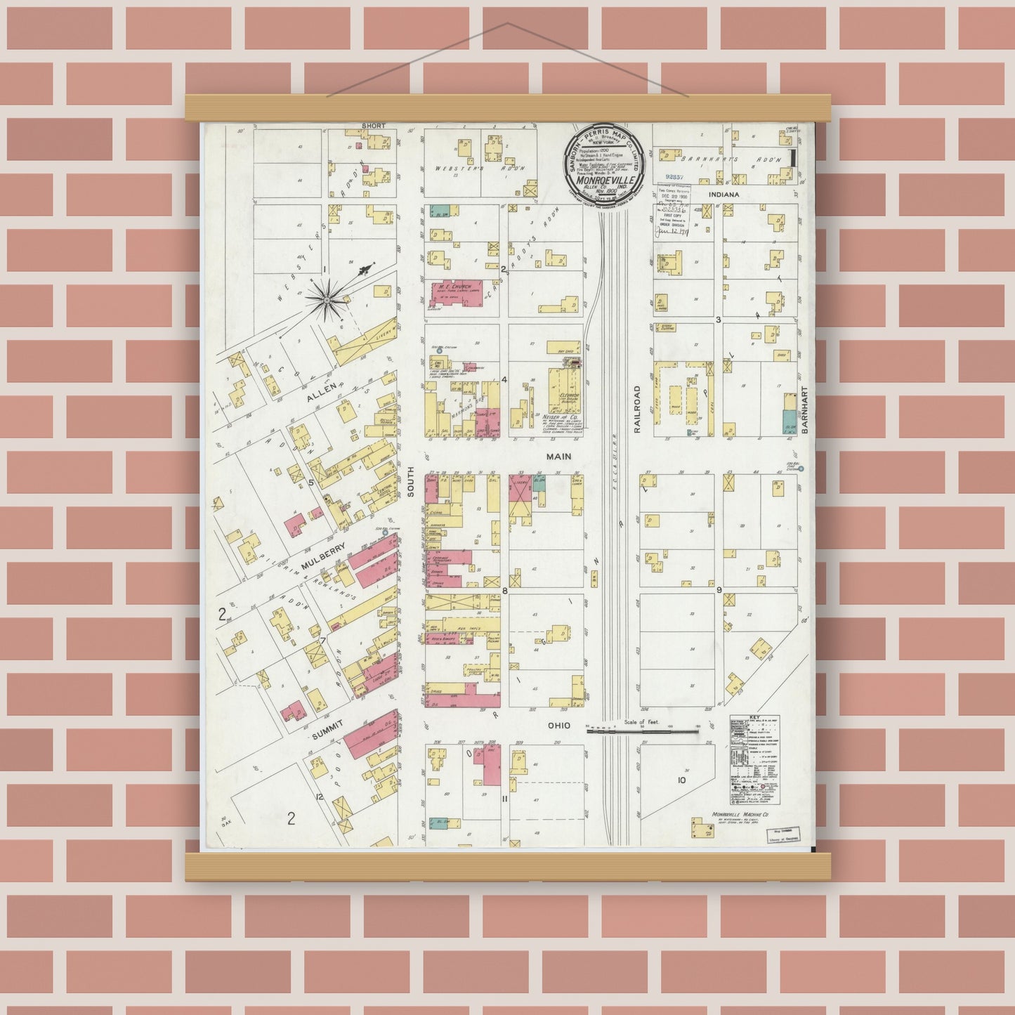 Old map wall art mockup — magnetic wood frame on brick wall — Sanborn Fire Insurance Map from Monroeville, Allen County, Indiana (1900) - Complete Map Set