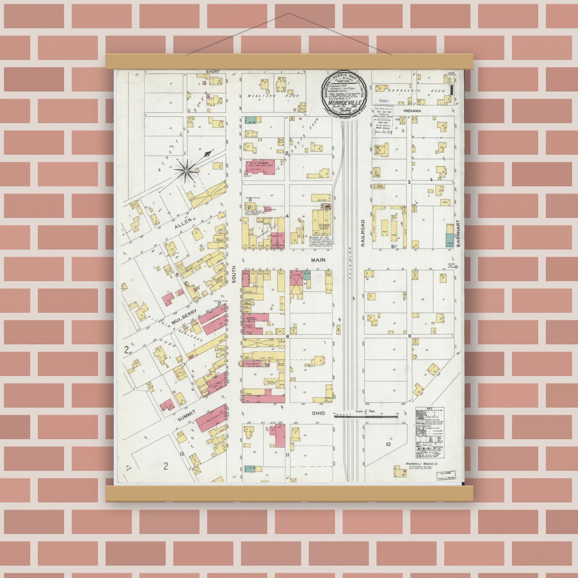 Old map wall art mockup — magnetic wood frame on brick wall — Sanborn Fire Insurance Map from Monroeville, Allen County, Indiana (1900) - Complete Map Set