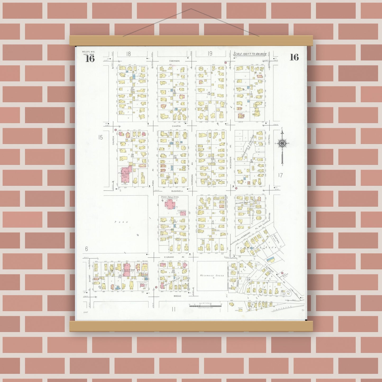 Old map wall art mockup — magnetic wood frame on brick wall — Sanborn Fire Insurance Map from Beloit, Rock County, Wisconsin (1939), Sheet #0016