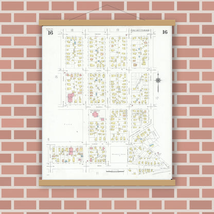 Old map wall art mockup — magnetic wood frame on brick wall — Sanborn Fire Insurance Map from Beloit, Rock County, Wisconsin (1939), Sheet #0016