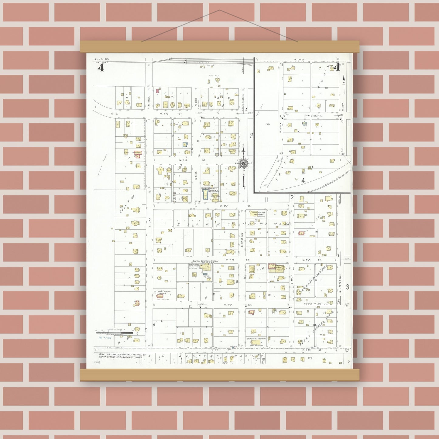 Old map wall art mockup — magnetic wood frame on brick wall — Sanborn Fire Insurance Map from Irving, Dallas County, Texas (1942), Sheet #0004