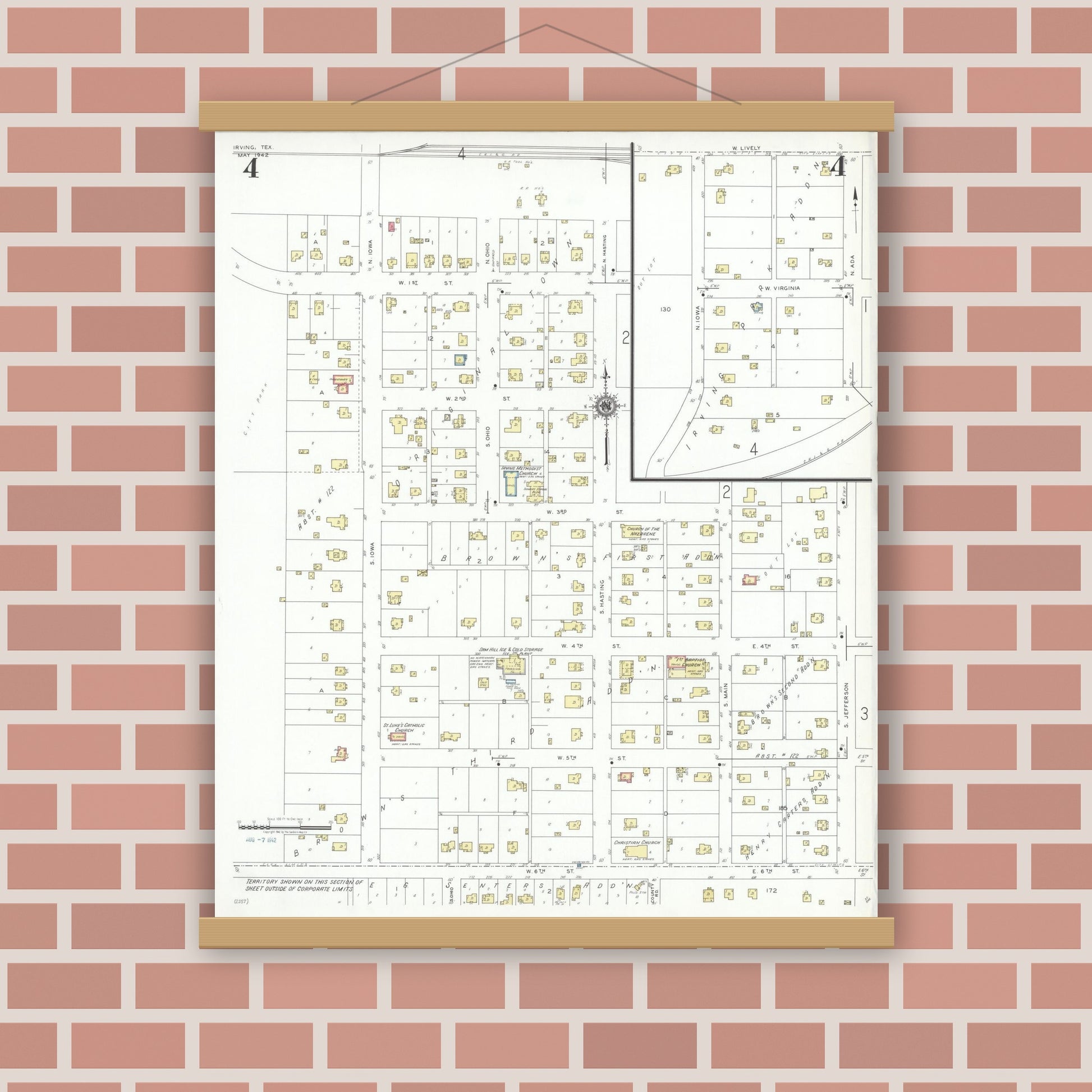 Old map wall art mockup — magnetic wood frame on brick wall — Sanborn Fire Insurance Map from Irving, Dallas County, Texas (1942), Sheet #0004