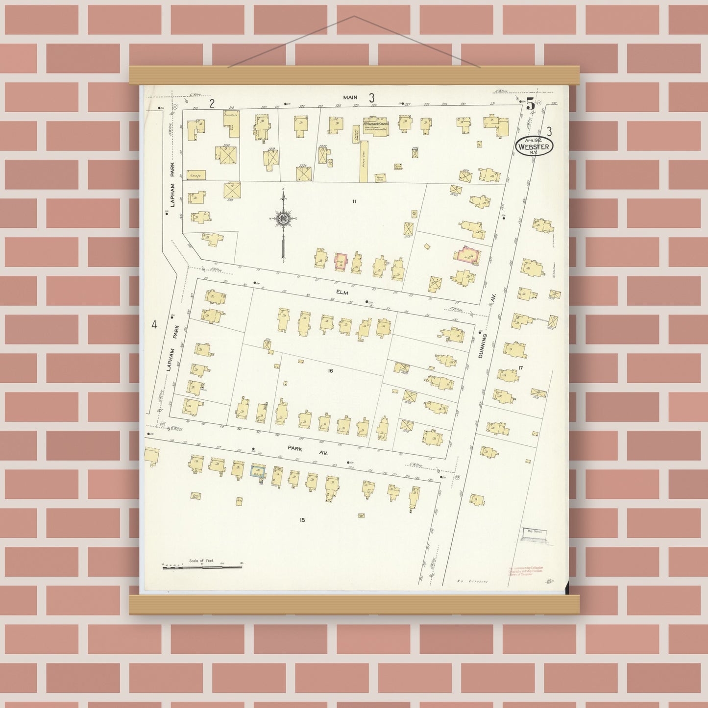 Old map wall art mockup — magnetic wood frame on brick wall — Sanborn Fire Insurance Map from Webster, Monroe County, New York (1912), Sheet #0005