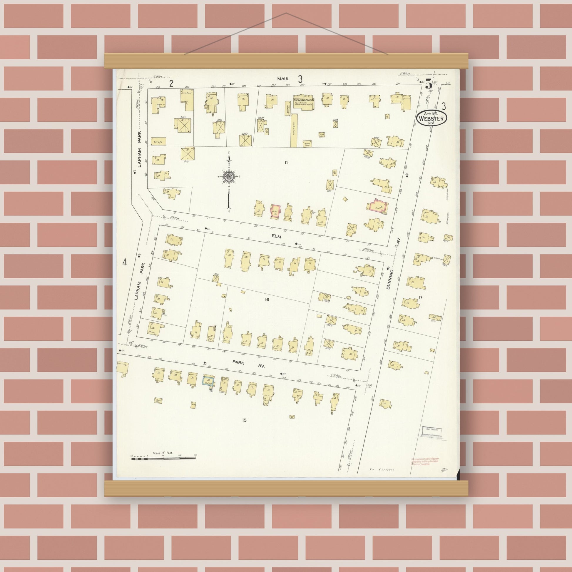 Old map wall art mockup — magnetic wood frame on brick wall — Sanborn Fire Insurance Map from Webster, Monroe County, New York (1912), Sheet #0005