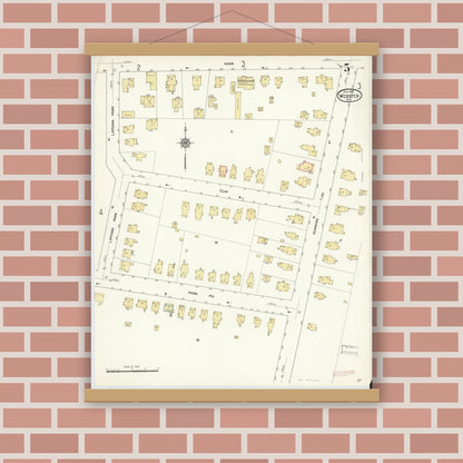Old map wall art mockup — magnetic wood frame on brick wall — Sanborn Fire Insurance Map from Webster, Monroe County, New York (1912), Sheet #0005