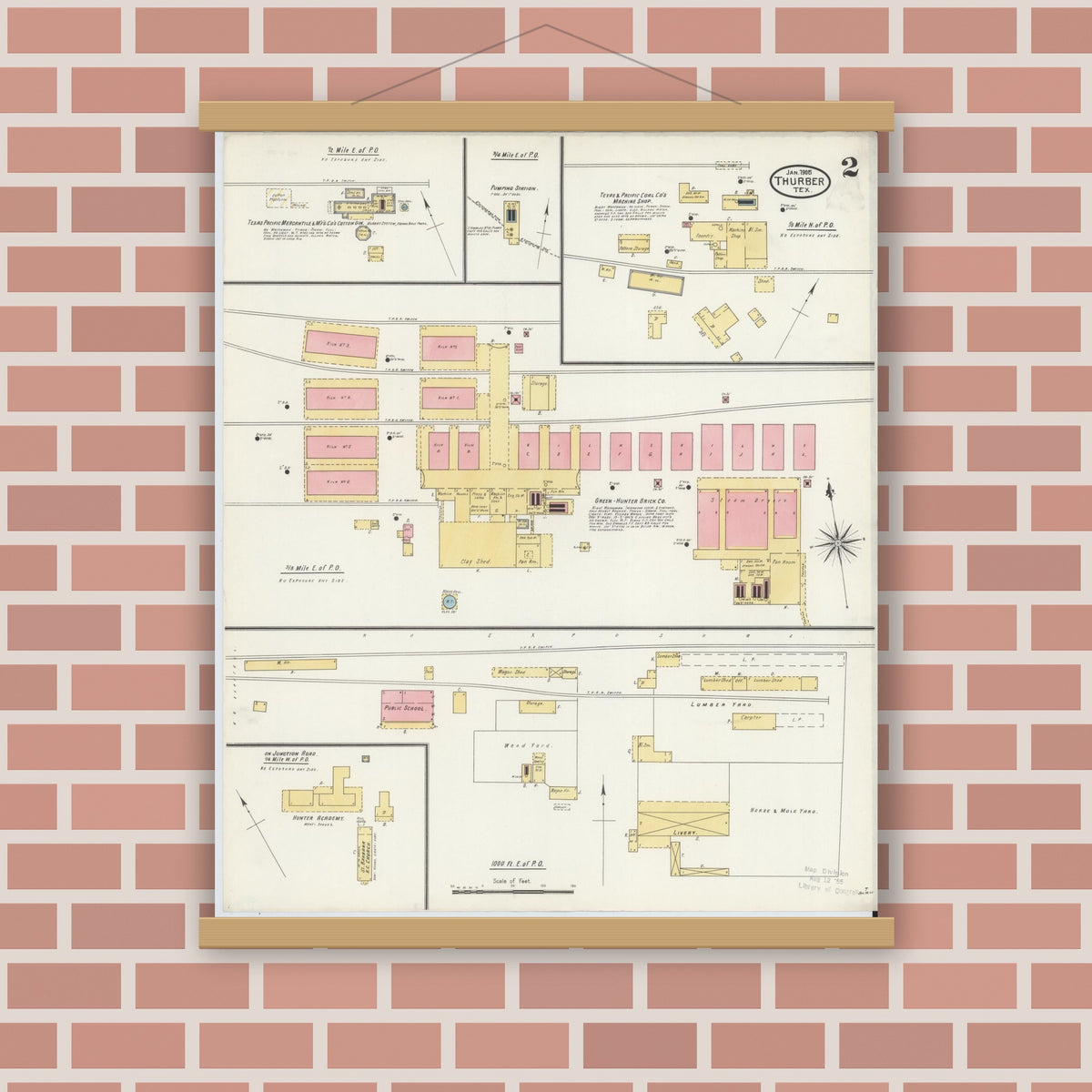 Old map wall art mockup — magnetic wood frame on brick wall — Sanborn Fire Insurance Map from Thurber, Erath County, Texas (1905), Sheet #0002