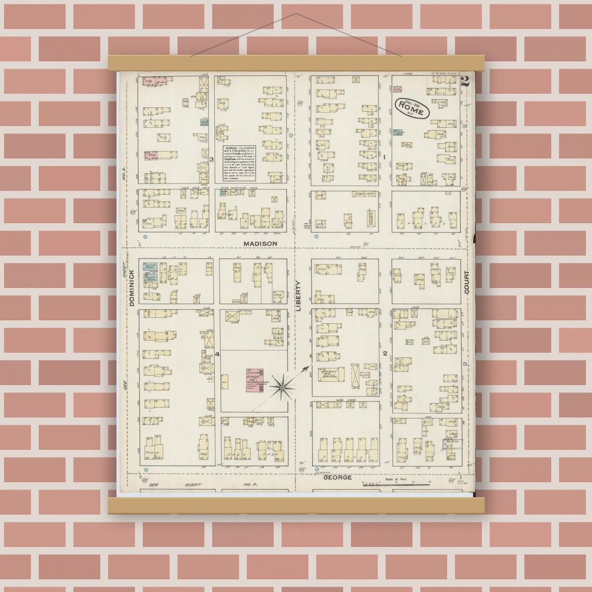 Old map wall art mockup — magnetic wood frame on brick wall — Sanborn Fire Insurance Map from Rome, Oneida County, New York (1884), Sheet #0002