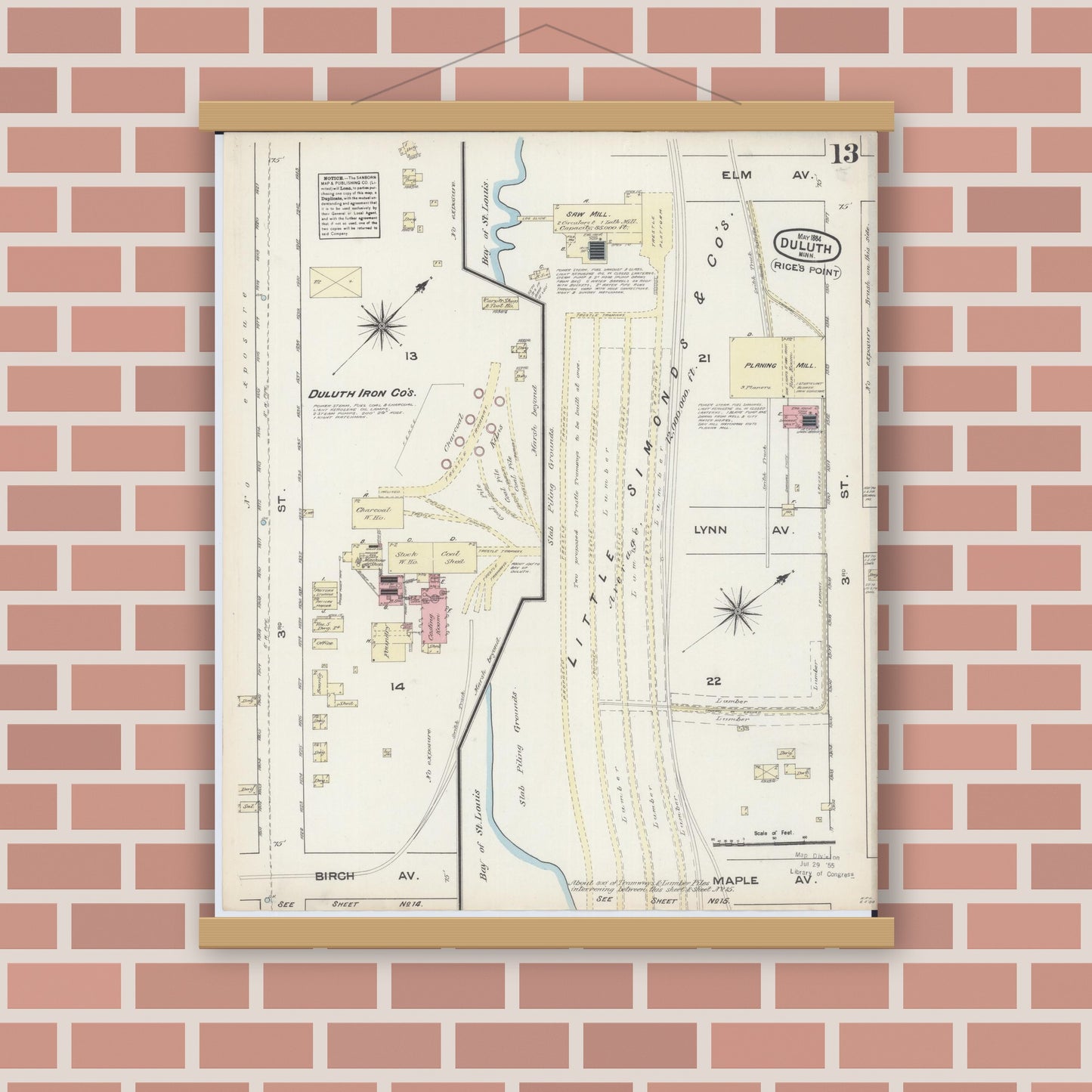 Old map wall art mockup — magnetic wood frame on brick wall — Sanborn Fire Insurance Map from Duluth, Saint Louis County, Minnesota (1884), Sheet #0013