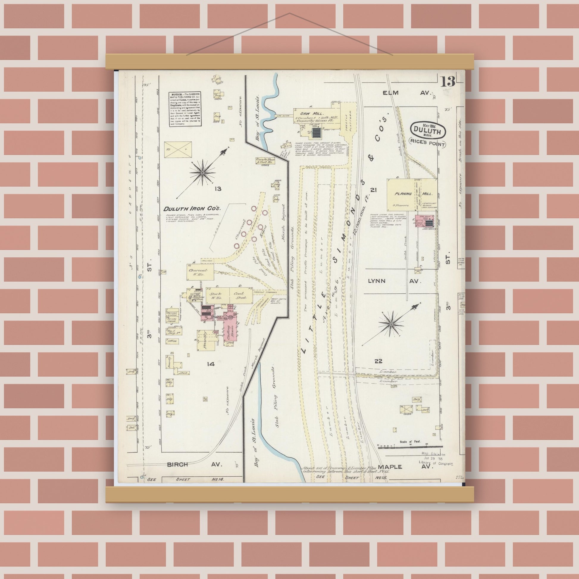 Old map wall art mockup — magnetic wood frame on brick wall — Sanborn Fire Insurance Map from Duluth, Saint Louis County, Minnesota (1884), Sheet #0013