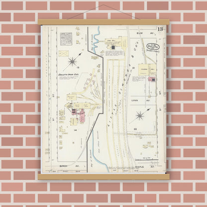 Old map wall art mockup — magnetic wood frame on brick wall — Sanborn Fire Insurance Map from Duluth, Saint Louis County, Minnesota (1884), Sheet #0013