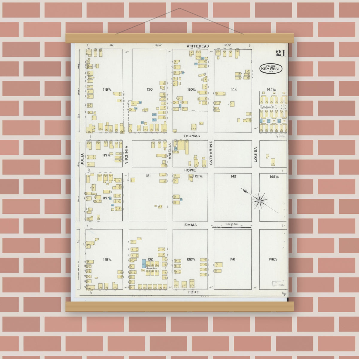 Old map wall art mockup — magnetic wood frame on brick wall — Sanborn Fire Insurance Map from Key West, Monroe County, Florida (1892), Sheet #0021