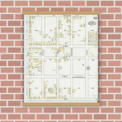 Old map wall art mockup — magnetic wood frame on brick wall — Sanborn Fire Insurance Map from Key West, Monroe County, Florida (1892), Sheet #0021