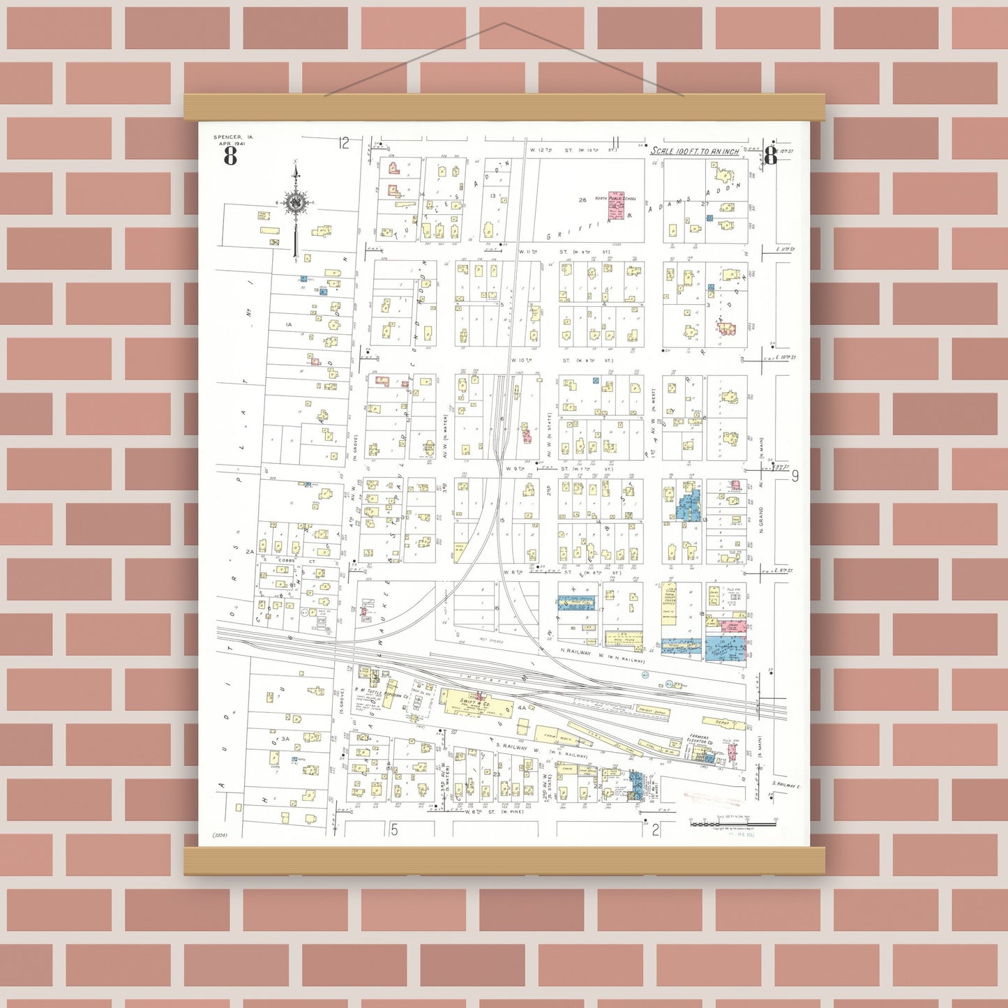 Old map wall art mockup — magnetic wood frame on brick wall — Sanborn Fire Insurance Map from Spencer, Clay County, Iowa (1941), Sheet #0008