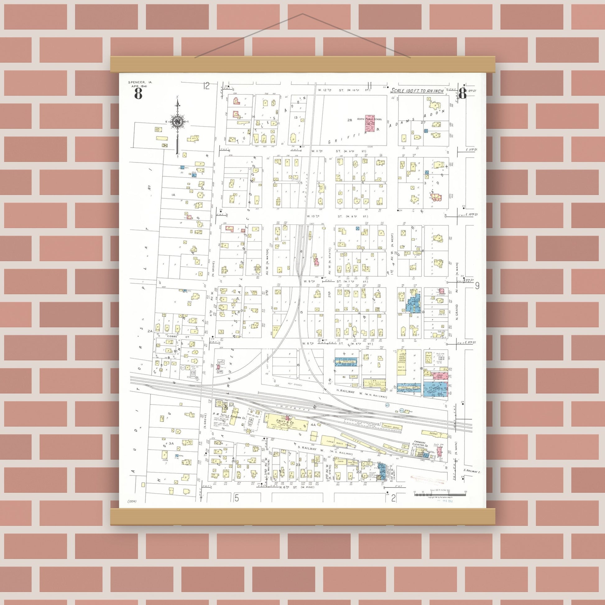 Old map wall art mockup — magnetic wood frame on brick wall — Sanborn Fire Insurance Map from Spencer, Clay County, Iowa (1941), Sheet #0008