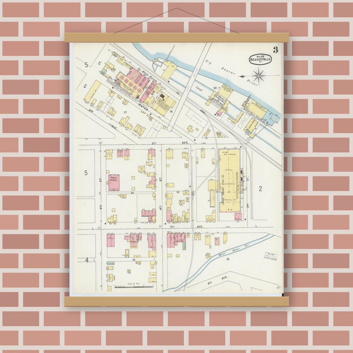 Old map wall art mockup — magnetic wood frame on brick wall — Sanborn Fire Insurance Map from Beaver Falls, Beaver County, Pennsylvania (1896), Sheet #0003
