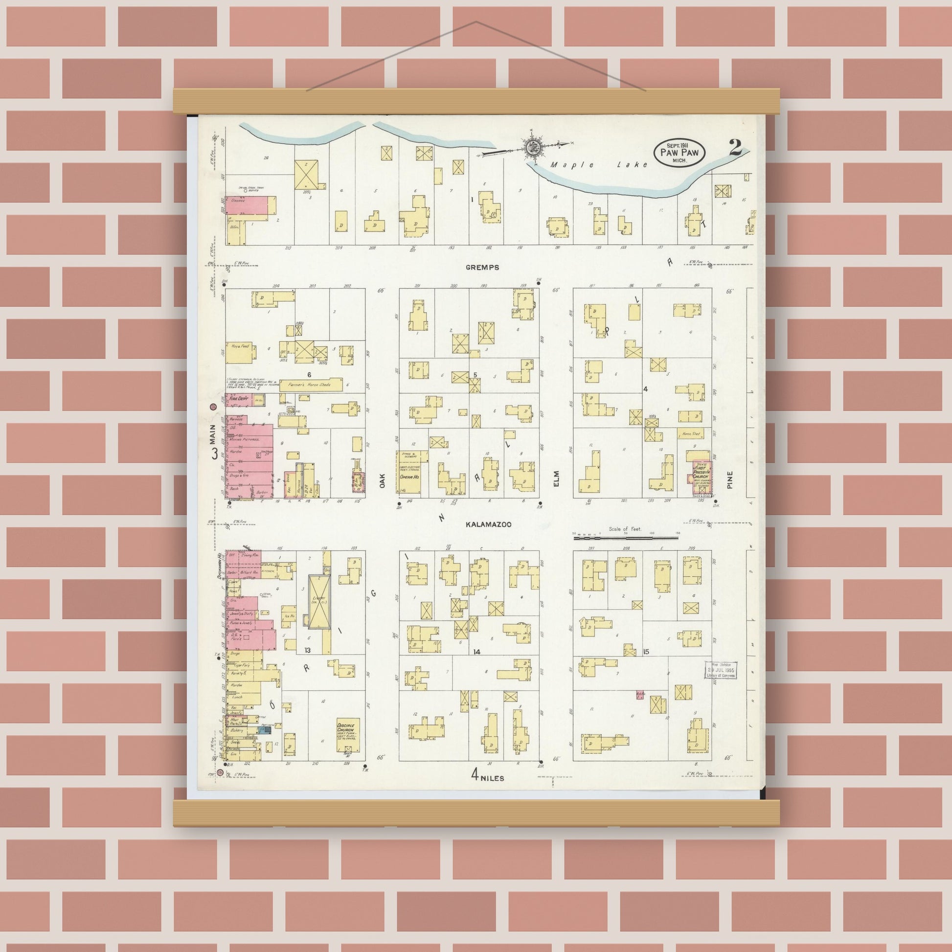 Old map wall art mockup — magnetic wood frame on brick wall — Sanborn Fire Insurance Map from Paw Paw, Van Buren County, Michigan (1911), Sheet #0002