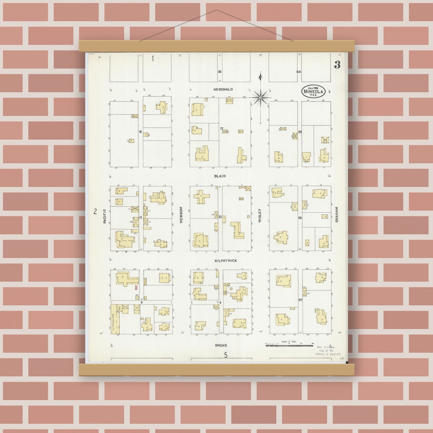 Old map wall art mockup — magnetic wood frame on brick wall — Sanborn Fire Insurance Map from Mineola, Wood County, Texas (1906), Sheet #0003