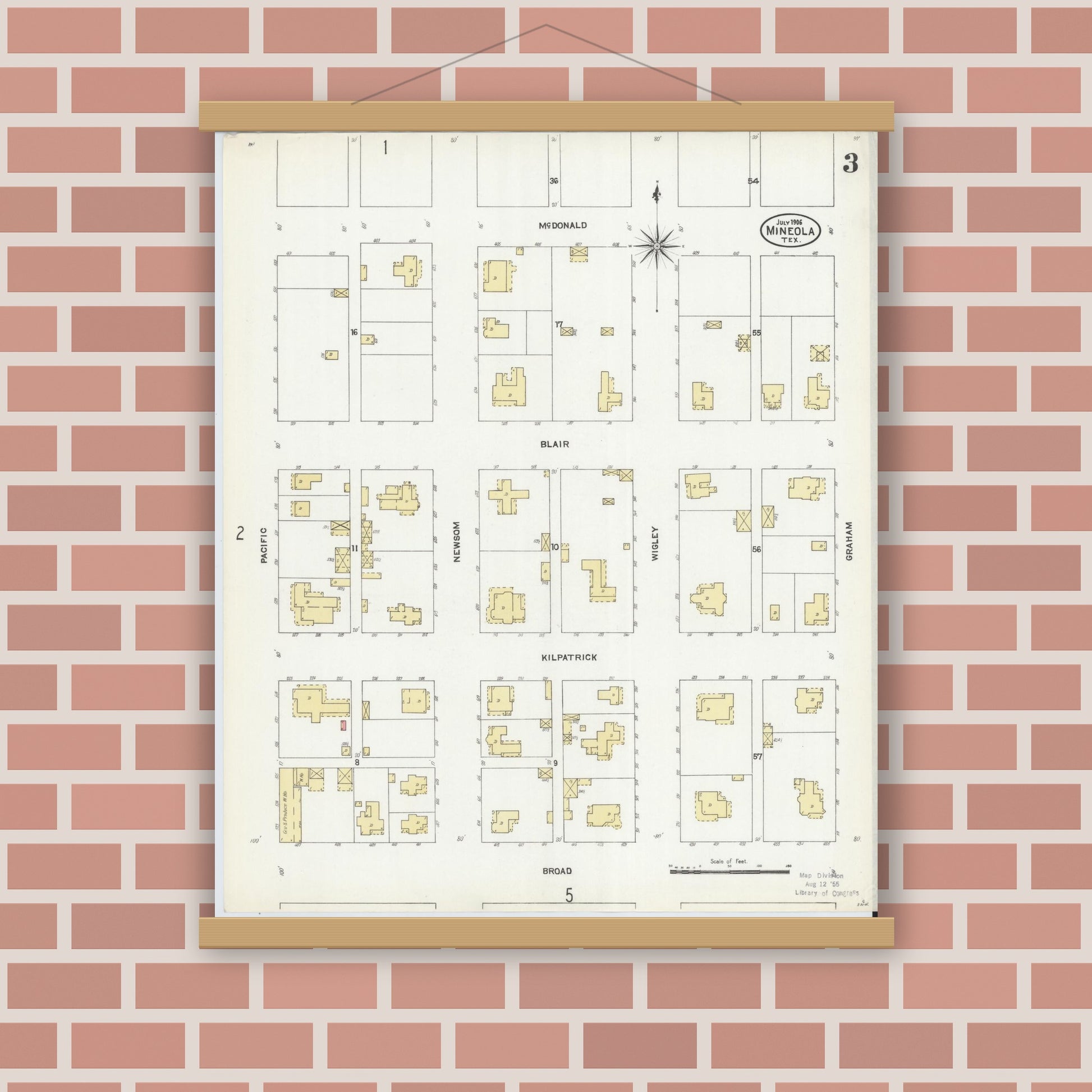 Old map wall art mockup — magnetic wood frame on brick wall — Sanborn Fire Insurance Map from Mineola, Wood County, Texas (1906), Sheet #0003