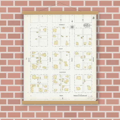 Old map wall art mockup — magnetic wood frame on brick wall — Sanborn Fire Insurance Map from Mineola, Wood County, Texas (1906), Sheet #0003