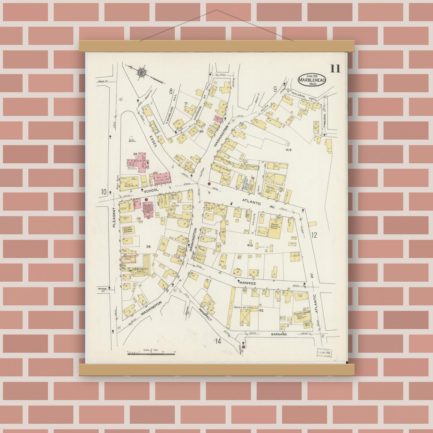 Old map wall art mockup — magnetic wood frame on brick wall — Sanborn Fire Insurance Map from Marblehead, Essex County, Massachusetts (1915), Sheet #0011