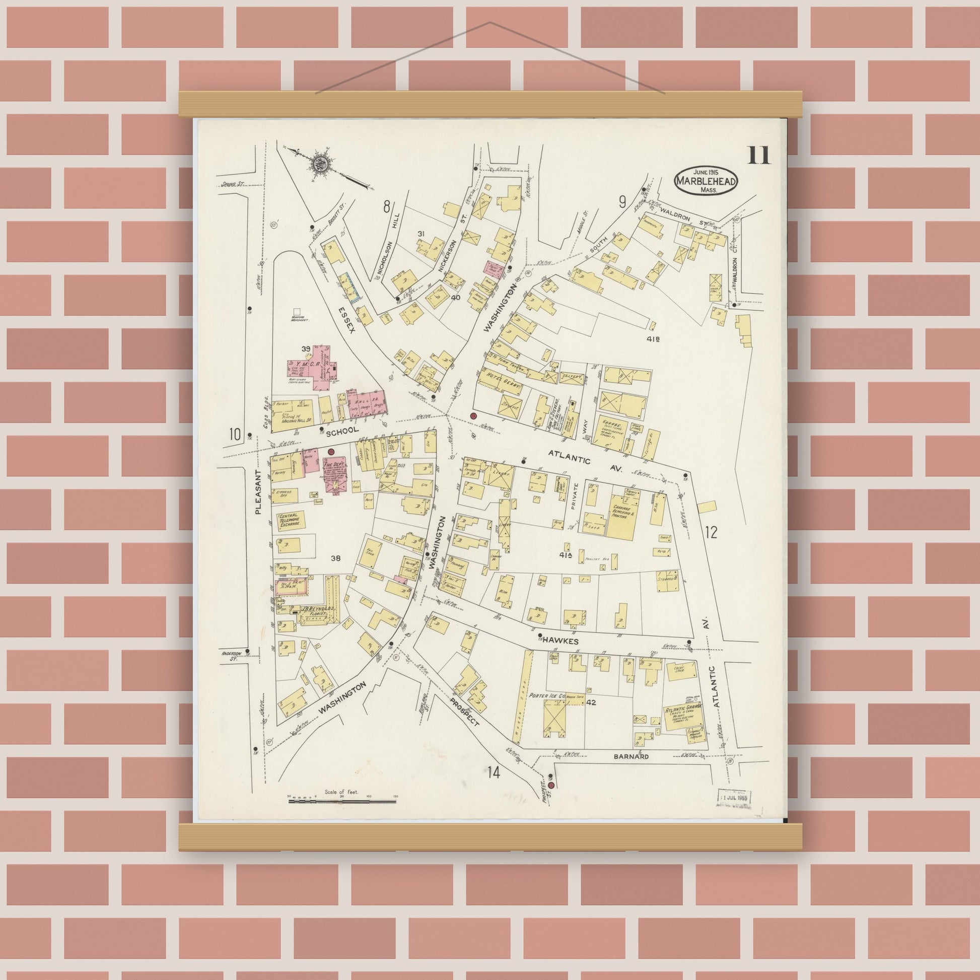 Old map wall art mockup — magnetic wood frame on brick wall — Sanborn Fire Insurance Map from Marblehead, Essex County, Massachusetts (1915), Sheet #0011