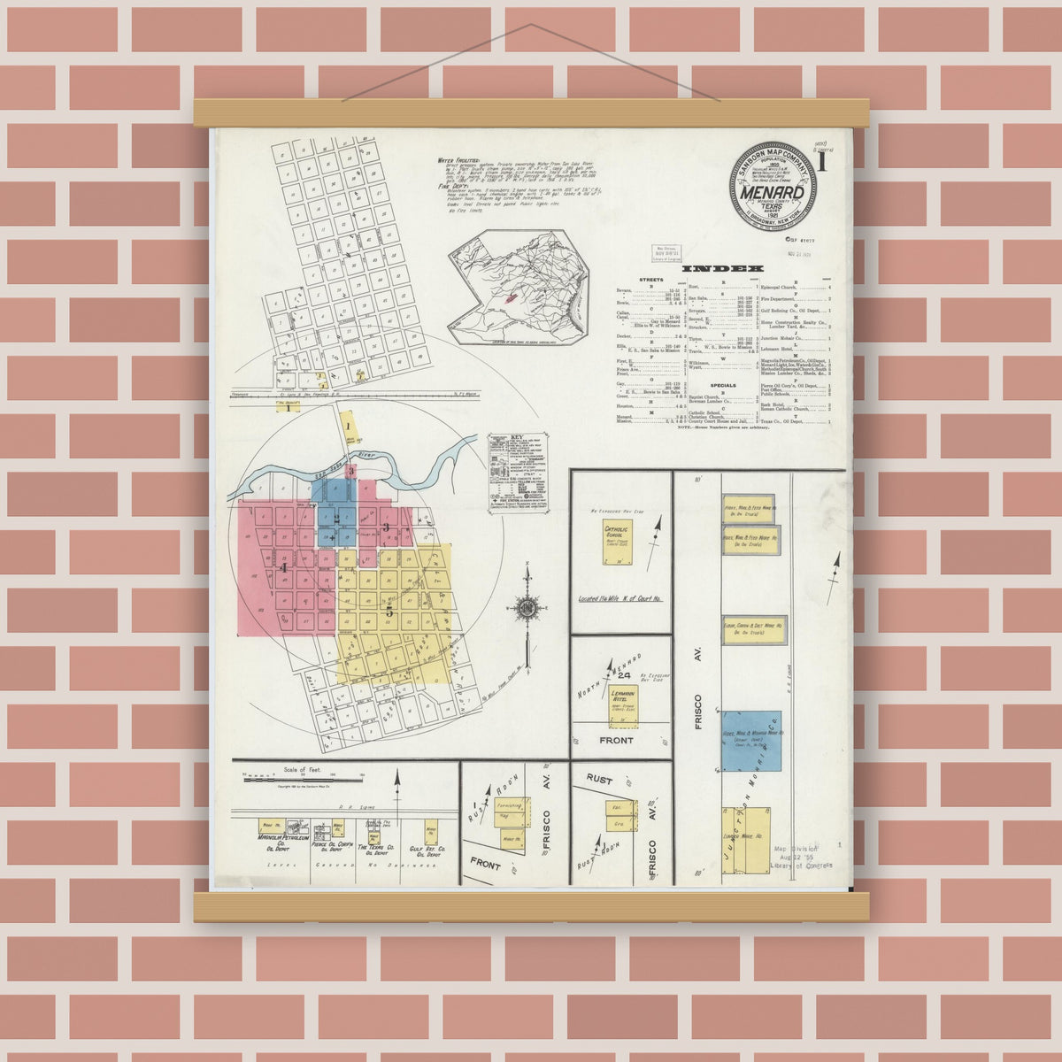 Old map wall art mockup — magnetic wood frame on brick wall — Sanborn Fire Insurance Map from Menard, Menard County, Texas (1921) - Complete Map Set