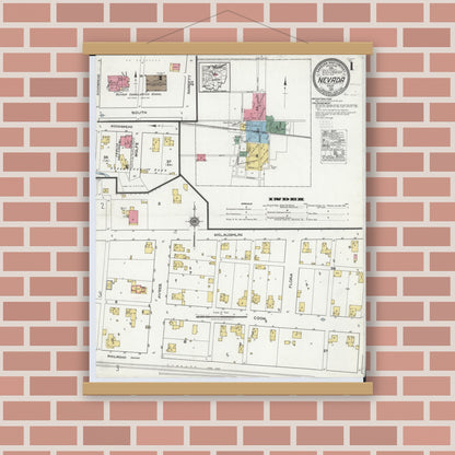 Old map wall art mockup — magnetic wood frame on brick wall — Sanborn Fire Insurance Map from Nevada, Wyandot County, Ohio (1921), Sheet #0001
