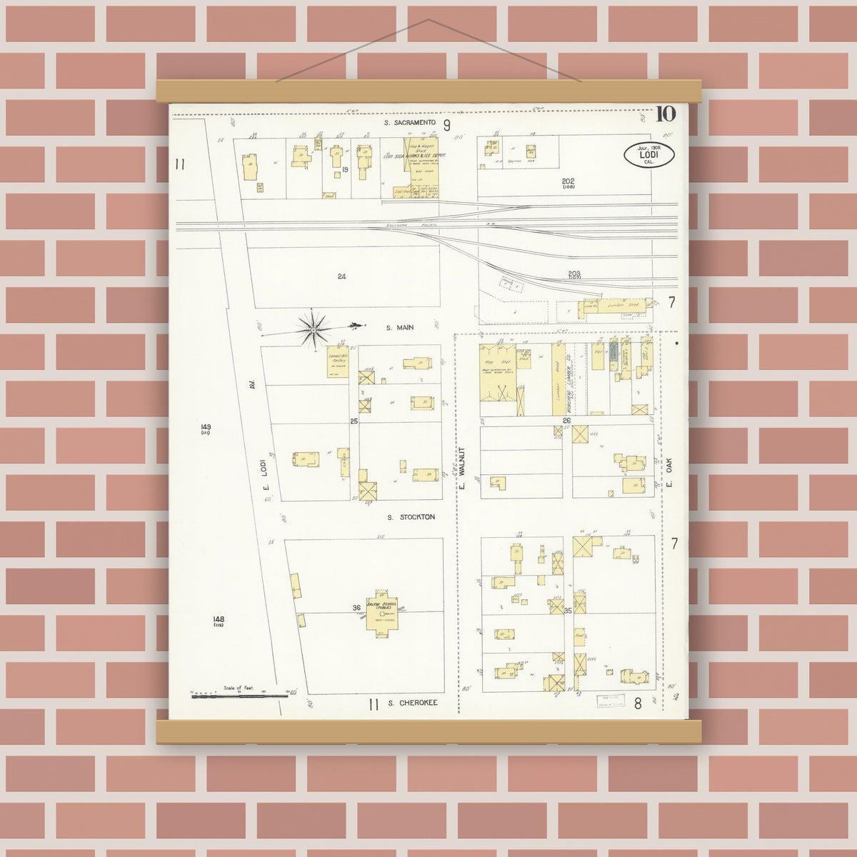 Old map wall art mockup — magnetic wood frame on brick wall — Sanborn Fire Insurance Map from Lodi, San Joaquin County, California (1908), Sheet #0010