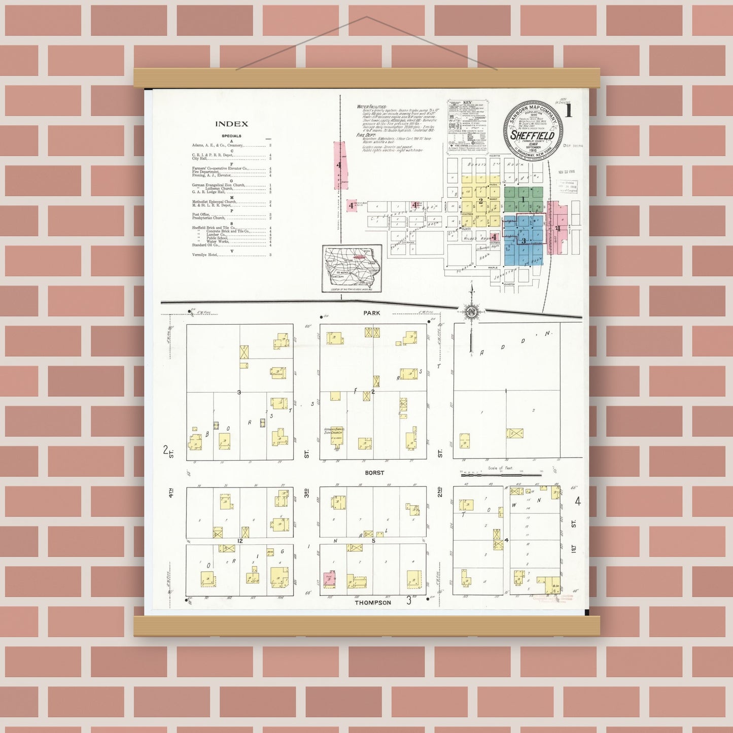 Old map wall art mockup — magnetic wood frame on brick wall — Sanborn Fire Insurance Map from Sheffield, Franklin County, Iowa (1916) â€” Complete Set