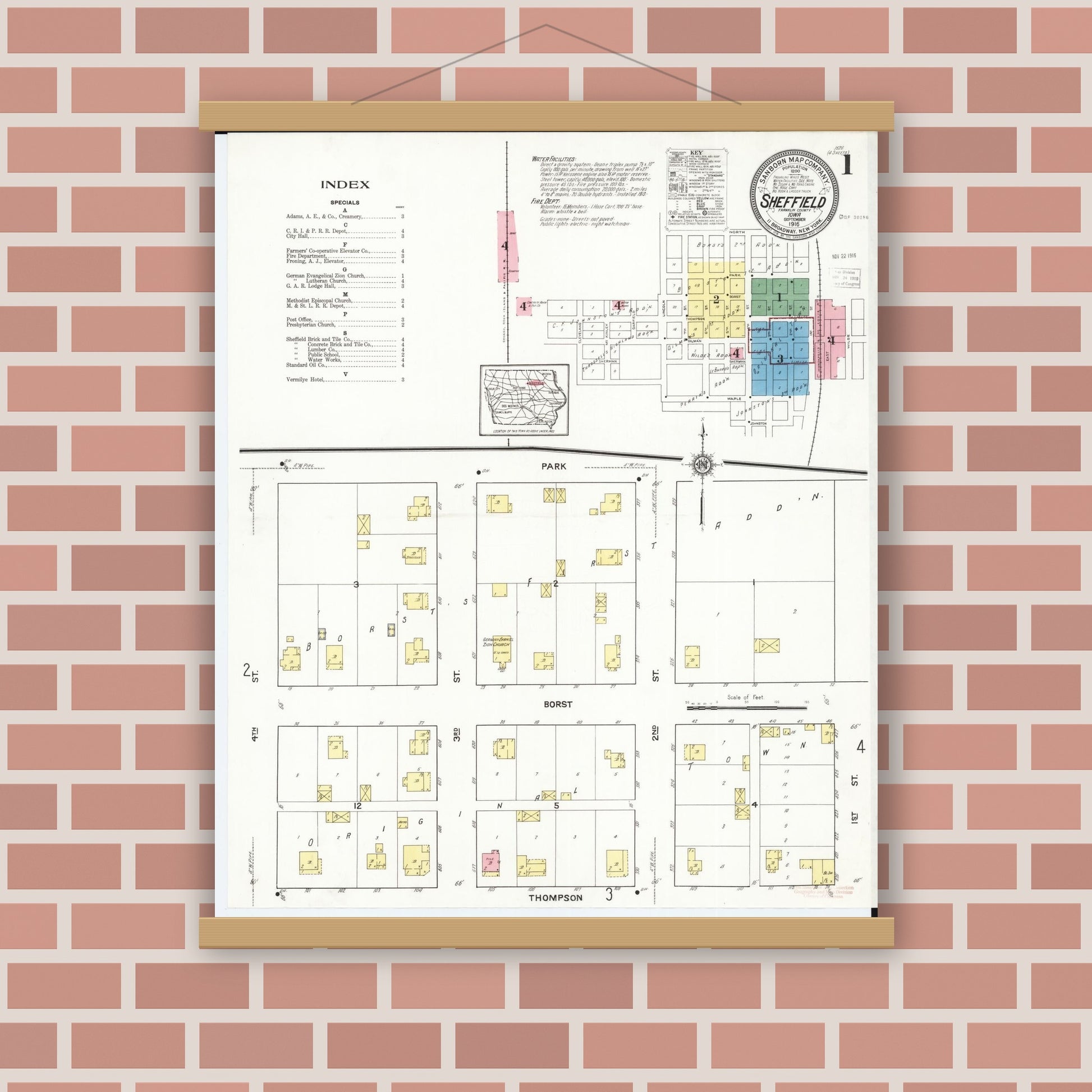 Old map wall art mockup — magnetic wood frame on brick wall — Sanborn Fire Insurance Map from Sheffield, Franklin County, Iowa (1916) â€” Complete Set