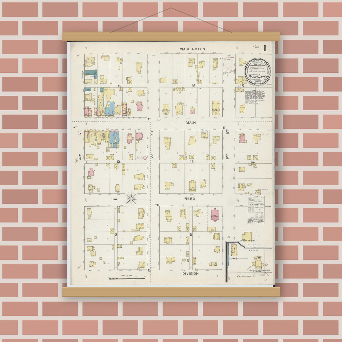 Old map wall art mockup — magnetic wood frame on brick wall — Sanborn Fire Insurance Map from Pecatonica, Winnebago County, Illinois (1893), Sheet #0001